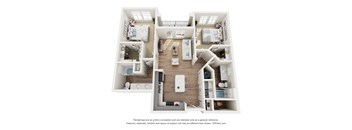 A 3D floor plan of a house with a kitchen, living room, and bedrooms.