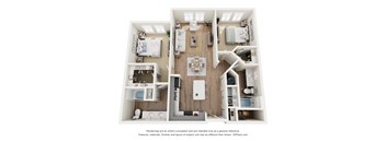 A 3D floor plan of a house with a kitchen, living room, and two bedrooms.