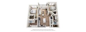 A 3D floor plan of a house with a kitchen, living room, and two bedrooms.