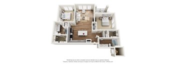 A 3D floor plan of a house with a kitchen, living room, and bedrooms.