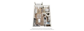 A 3D floor plan of a small apartment with a kitchen, living room, and bedrooms at The Lofts at Seacrest Beach in Rosemary Beach, FL.