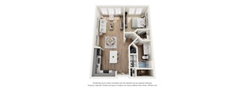 A 3D floor plan of a house with a kitchen, living room, and two bedrooms.