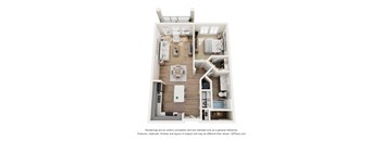 A 3D floor plan of a small apartment with a kitchen, living room, and bedrooms.
