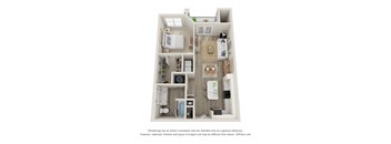 A 3D floor plan of a small apartment with a kitchen, living room, and bathroom.