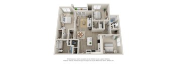 A 3D floor plan of a house with a kitchen, living room, and bedrooms.