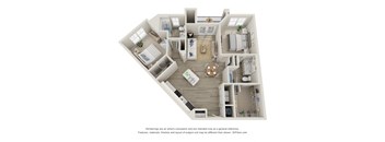 A 3D floor plan of a house with a kitchen, living room, and two bedrooms.