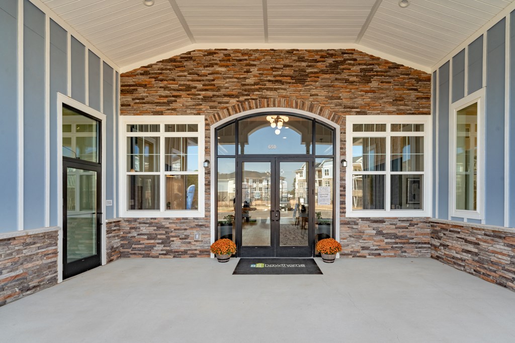 Front patio at community clubhouse with planters