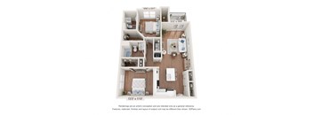 a 3d furnished floor plan of a 3 bedroom apartment