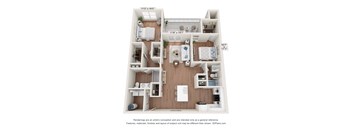 a 3d furnished floor plan of a 3 bedroom apartment