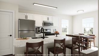 a rendering of a kitchen and dining room with a granite counter top