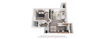 a stylized floor plan with a bedroom and a living room