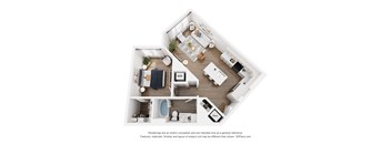 A 3D floor plan of a small apartment with a kitchen, living room, and bathroom.