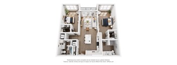 A 3D floor plan of a small apartment with a kitchen, living room, and bedroom.