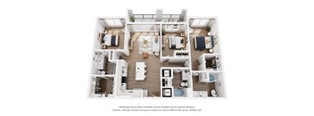 A 3D floor plan of a house with a kitchen, living room, and bathrooms.