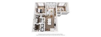 A 3D floor plan of a house with a kitchen, living room, and bathroom.