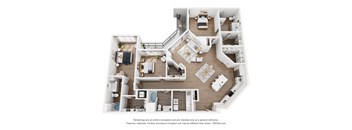 A 3D floor plan of a house with multiple rooms and furniture.