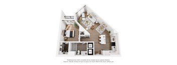 A 3D floor plan of a house with labeled rooms.