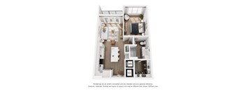 A 3D floor plan of a small apartment with a kitchen, living room, and bathroom.