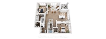 A 3D floor plan of a small apartment with a kitchen, living room, and bathroom.
