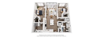 A 3D floor plan of a house with a kitchen, living room, and two bedrooms.