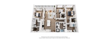A 3D floor plan of a house with labeled rooms.