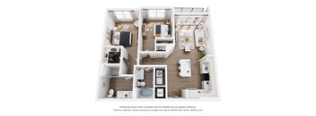 A 3D floor plan of a small apartment with a kitchen, living room, and bedroom.