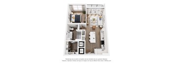 A 3D floor plan of a small apartment with a kitchen, living room, and bathroom.