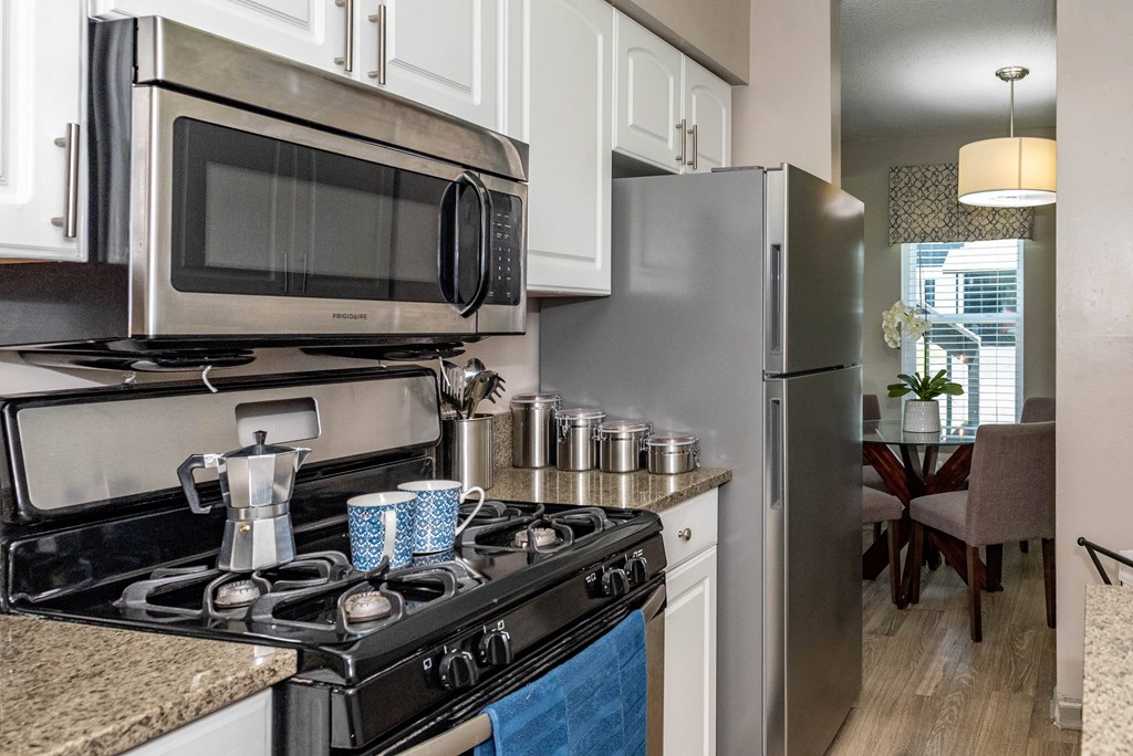 a kitchen with a stove and a microwave and a refrigerator