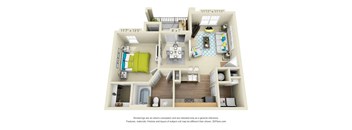 A 3D floor plan of a small apartment with a kitchen, living room, and bathroom.