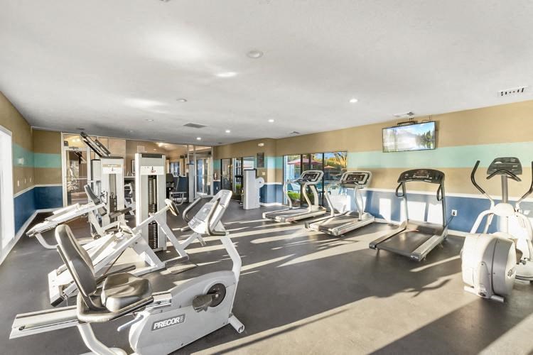 a gym with a lot of machines and weights