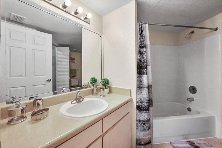 a bathroom with a sink and a shower and a mirror
