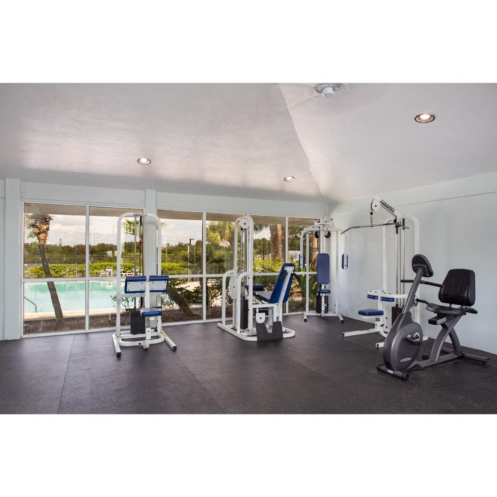 the gym has plenty of equipment and a view of the pool
