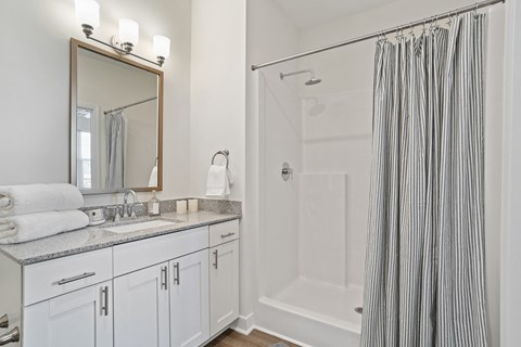a bathroom with a shower and a sink and a mirror