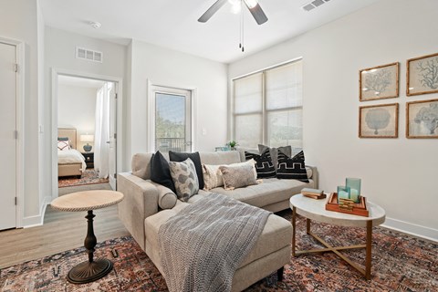 a living room with a couch and a coffee table