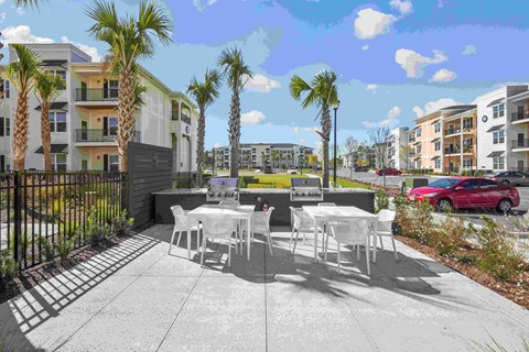 a rendering of a patio with tables and chairs