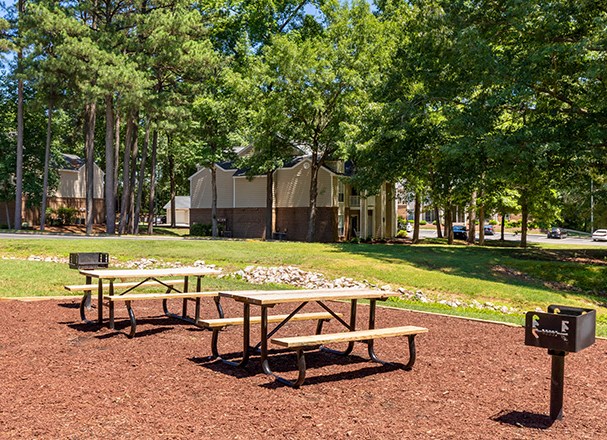 two picnic tables with benches in a park