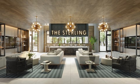 A modern living room with a sign that says "The Sterling".