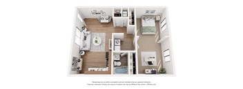 A 3D floor plan of a small apartment with a kitchen, living room, bedroom, and bathroom.