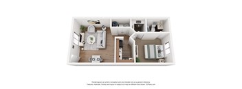 A 3D floor plan of a small apartment with a kitchen, living room, and bathroom.