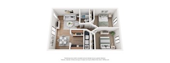A 3D floor plan of a small apartment with two bedrooms, a living room, a kitchen, and a bathroom.