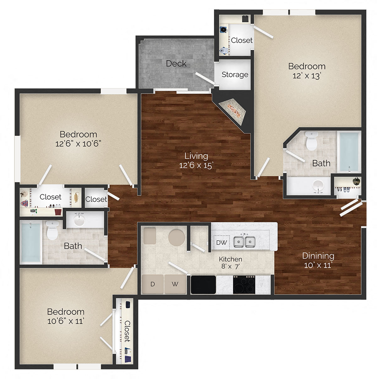 Three Bedroom Plan B Floor Plan at the Avenues at Steele Creek