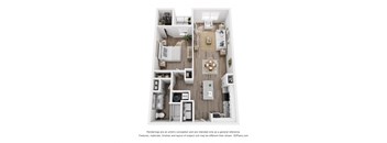 a floor plan of a 1 bedroom unit with a fireplace