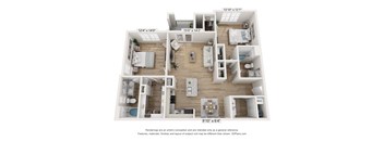 A 3D floor plan of a house with a kitchen, living room, and bathrooms.
