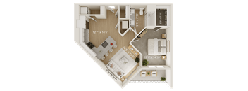 A 3D floor plan of a house with a living room, kitchen, and two bedrooms.