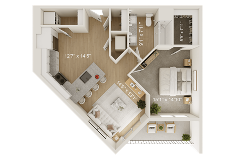 A 3D floor plan of a house with a living room, kitchen, and two bedrooms.