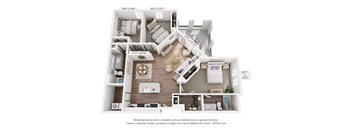 A 3D floor plan of an apartment with a kitchen, living room, and bedrooms.