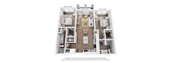 A 3D floor plan of a two-bedroom apartment with a living room, kitchen, and bathroom.
