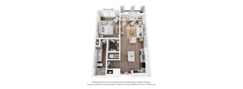 A 3D floor plan of a small apartment with a kitchen, living room, and bathroom.