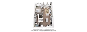 A 3D floor plan of a small apartment with a kitchen, living room, and bedroom.