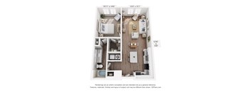 A floor plan of a small apartment with a kitchen, living room, and bathroom.